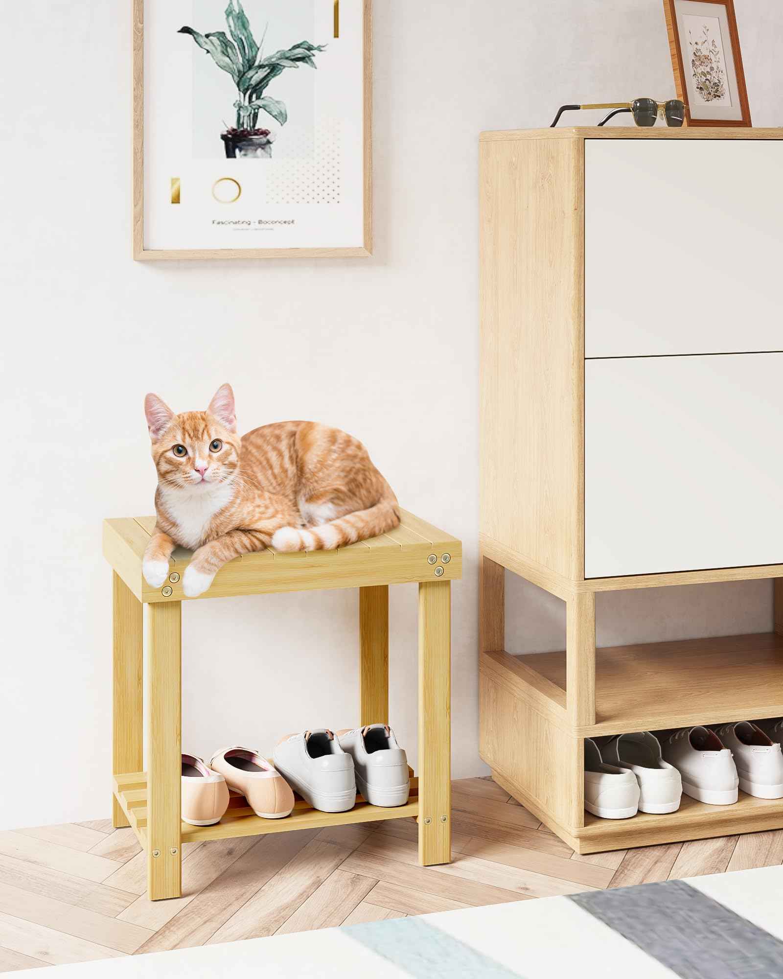 Bamneat Small Bamboo Bathroom Shower Bench with Storage Shelf, Durable Shower Stool for Shaving Legs, Indoor and Outdoor Use, Natural