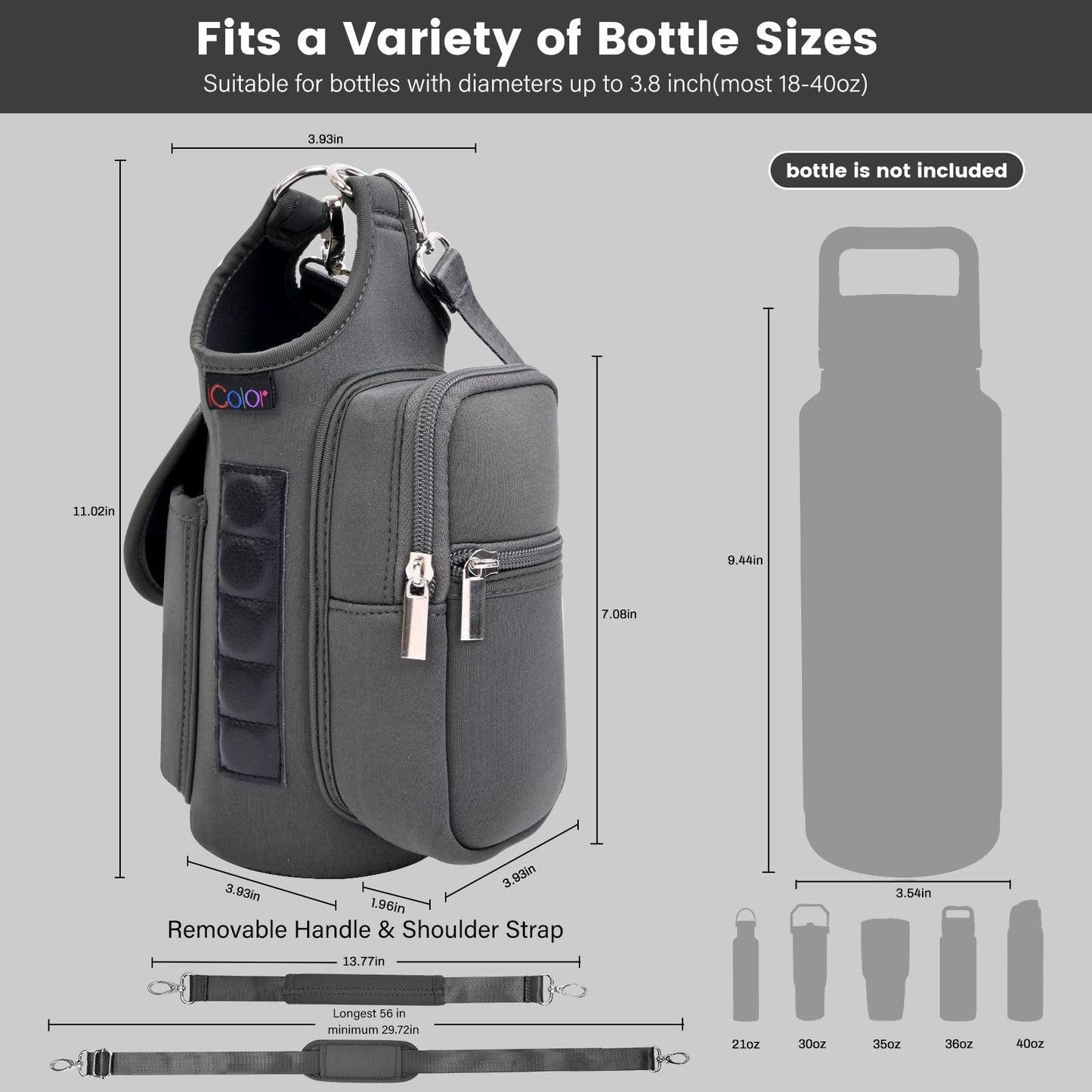 icolor Magnetic Gym Bag Water Bottle Holder Carrier with Phone Pockets & Shoulder Strap Small Gym Bag 5 Built-in Magnets Gym Accessories Organizer Magnetic Bottle Pouch for Men Women (Gray)