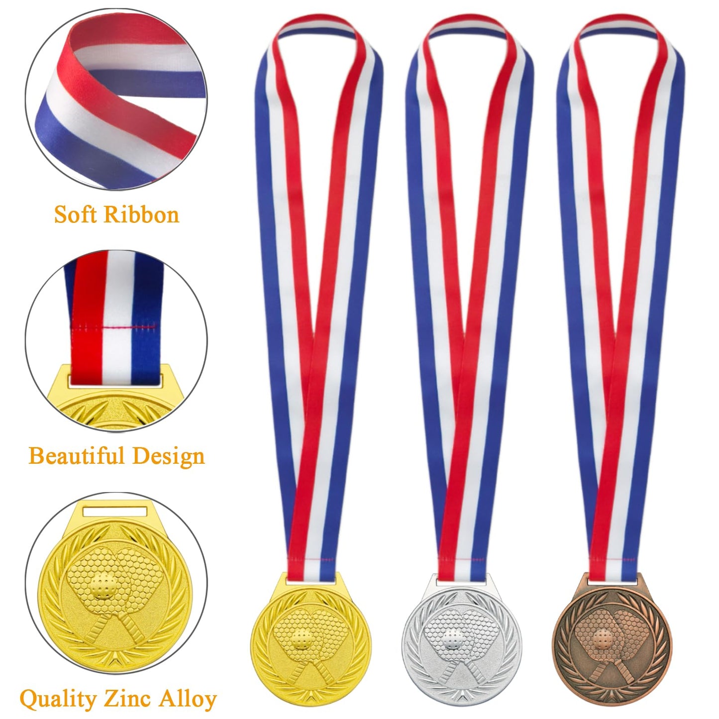Donrime 6 Pcs Pickleball Medals - 2.56 Inch Gold Silver Bronze Metal Pickle Ball Medal with V Neck Ribbons for Kids Adults Trophy Award Prize Gift