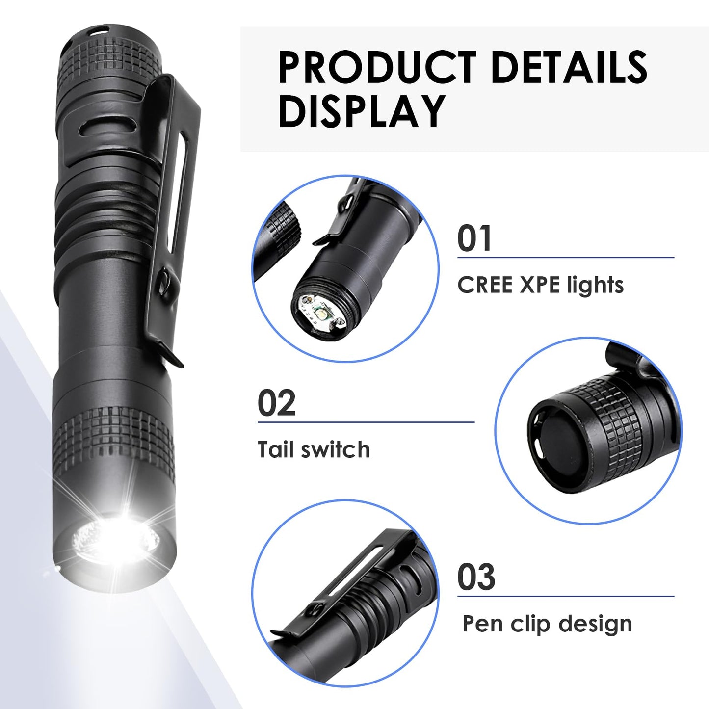 3.5" Mini Flashlight, AAA Small Pen Light with Clip, 500 Lumen Pocket Pen Flashlight Powered by AAA Battery, Portable Versatile for Inspection Medical Repair Camping Outdoor Emergency (White Light)
