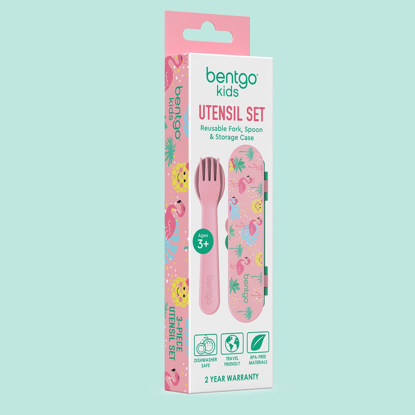 Bentgo® Kids Plastic Utensil Set - Reusable Fork, Spoon & Storage Case, PFAS- & BPA-Free, Easy-Grip Handles, Lightweight, Dishwasher Safe, School Lunch, Travel & On-the-Go (Tropical)