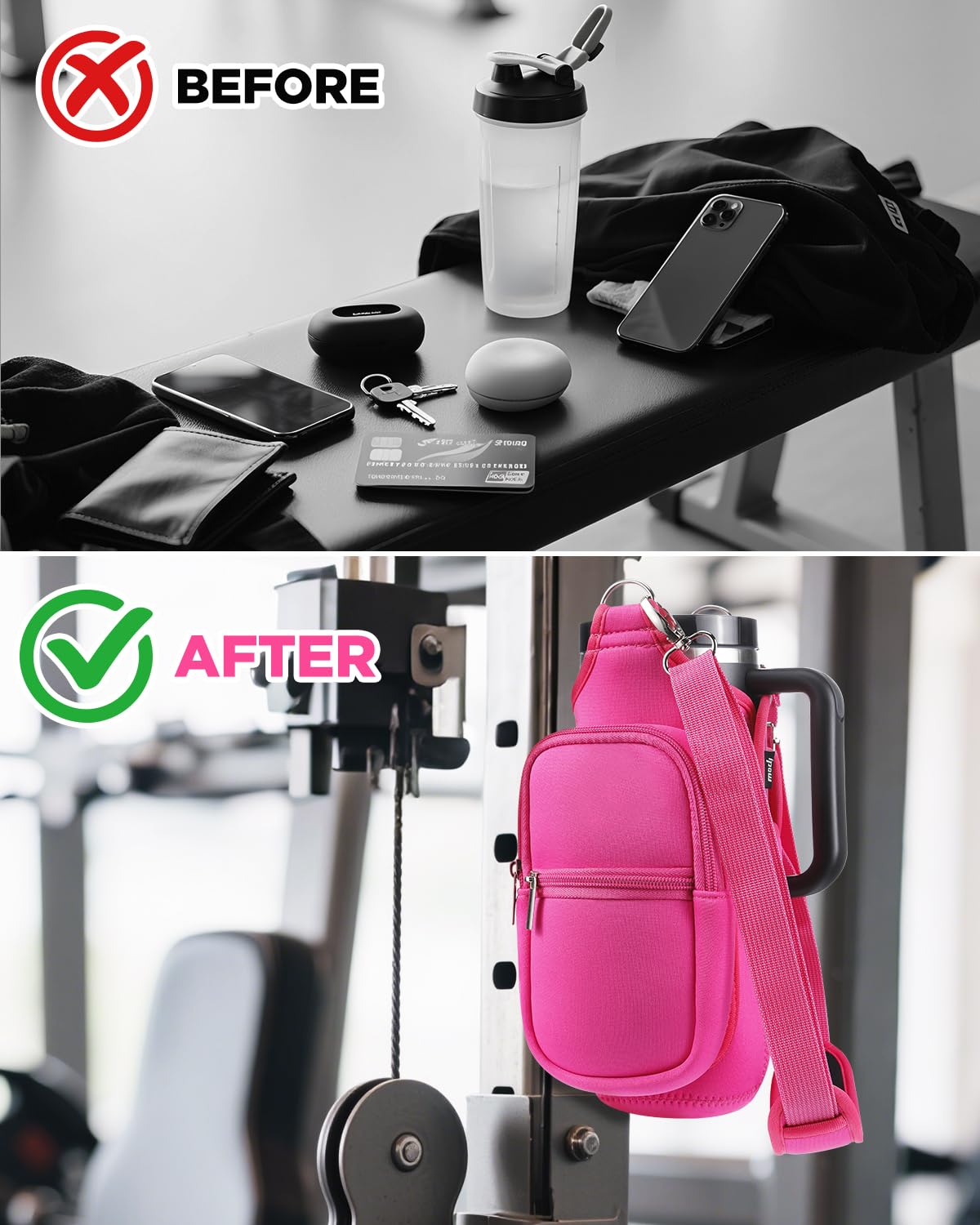 IPOW Magnetic Gym Bag Water Bottle Carrier Holder with Phone Pockets & Shoulder Strap for Men Women,Water Bottle Holder, Gym Pouch, Crossbody Bag for Travel, Sports, Work, Fitness - Rose Pink