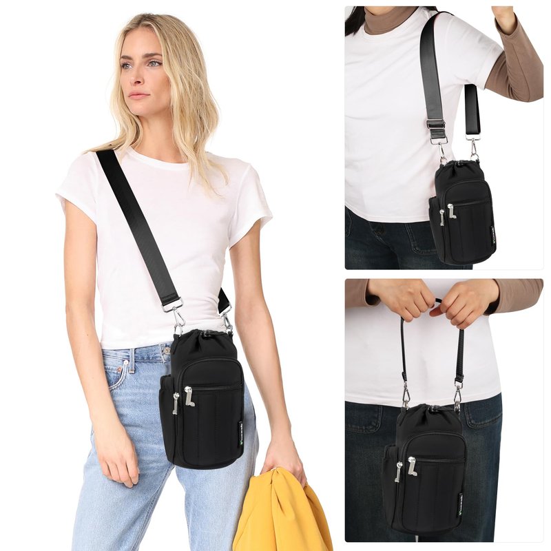 Rueesh Women Water Bottle Holder Bag with Adjustable Strap, Insulated Water Bottle Carrier RFID Crossbody Sling Bag for Hiking Walking Gym Travel,Black