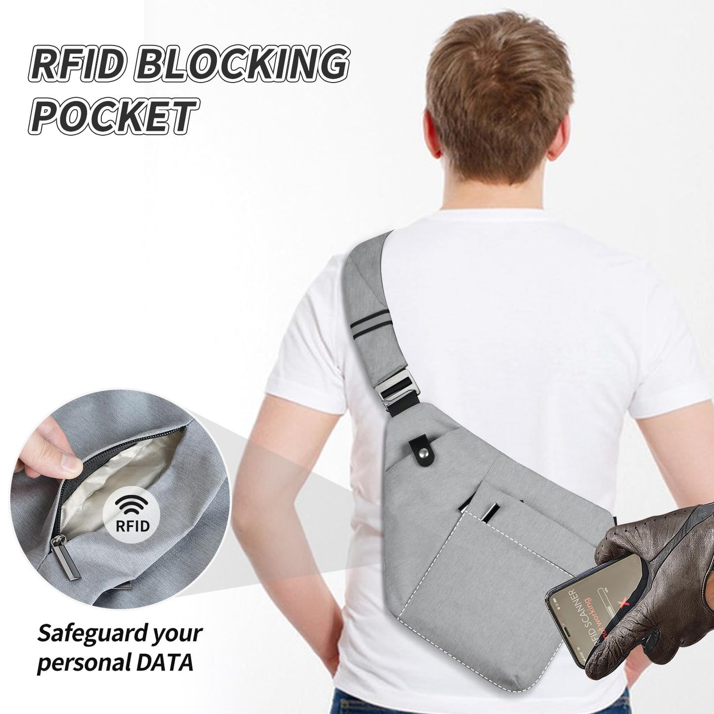 VADOO Anti-theft Crossbody Bags for Women, RFID Blocking Pocket Sling Bag for Men Lightweight Shoulder Chest for Travel Sport, Gray 2.0