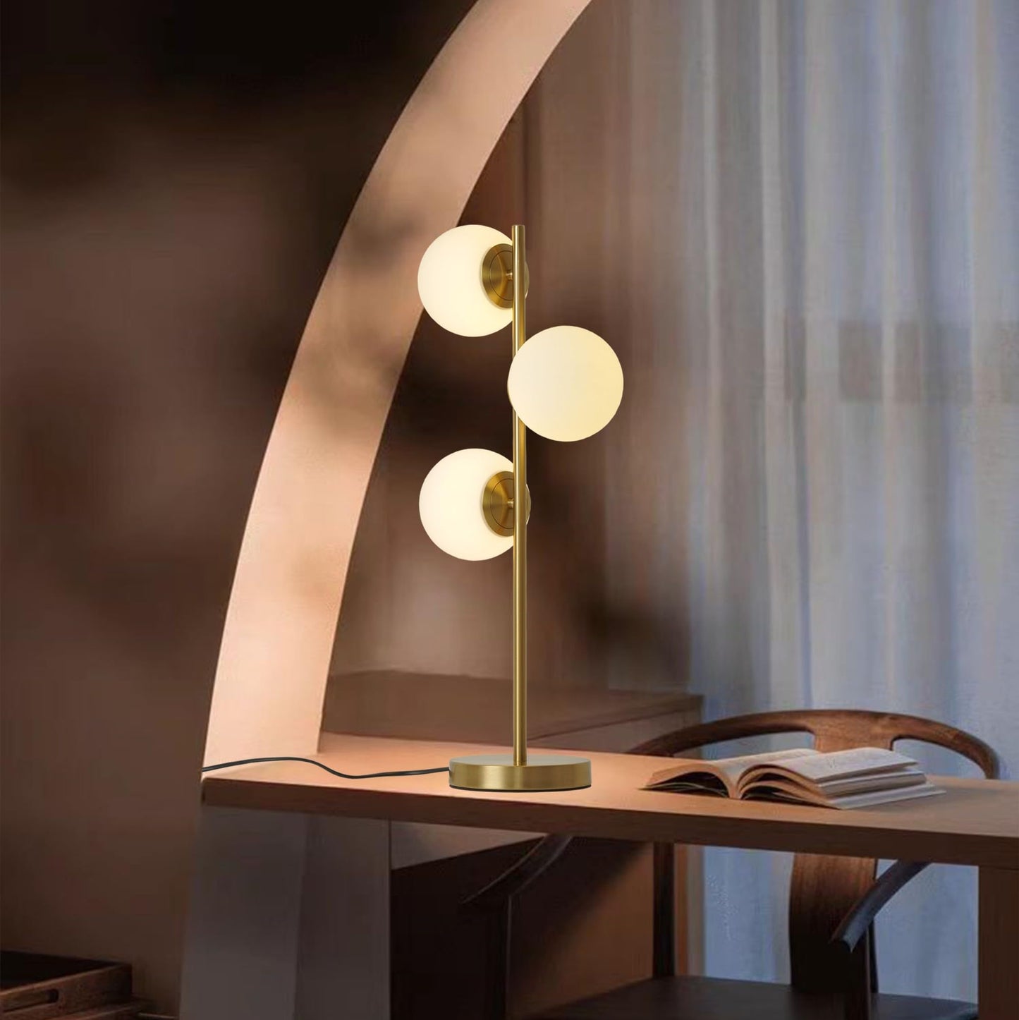 Kardleen Mid Century Modern Table Lamp White Glass Shade Nightstand Light for Bedroom Offices 3 Globe Table lamp Gold LED lamp