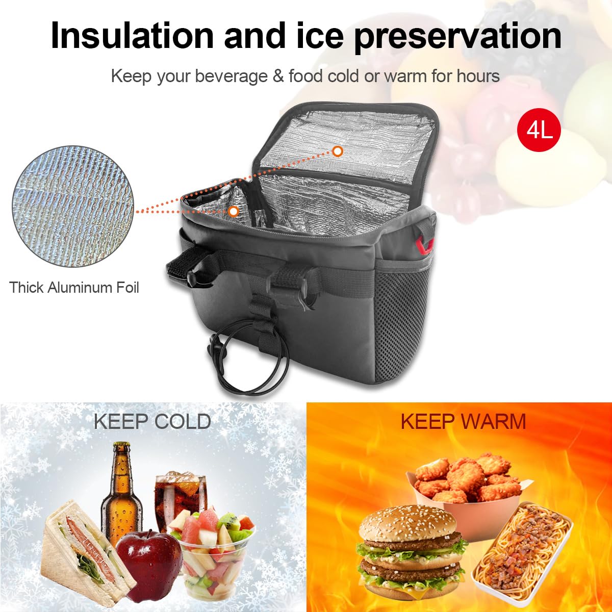 Danuosie Bike Handlebar Bag, Insulated Cooler Front Frame Bag with Touch Screen Phone Holder, 4L Water Resistant Bicycle Basket Storage Pouch, Convertible Shoulder Pack for Ebike MTB Road