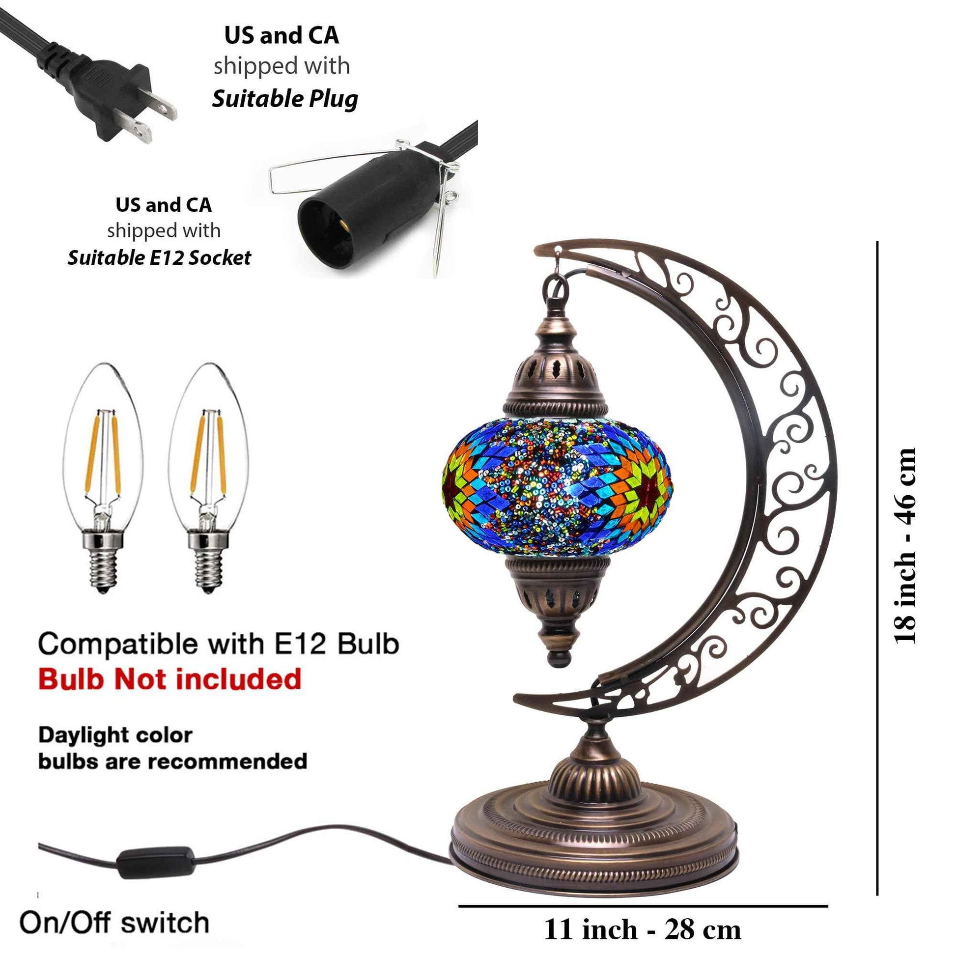 Asylove Turkish Moon Lamp, Mosaic Moroccan Table Lighting, Standing Turkish Lamp, Decor Home Floor Lighting Accessory, Total Dim. 7.5 x 11 x 18 inches (Turquoise)