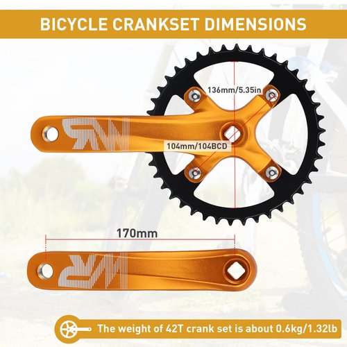 WEEROCK Mountain Bike Crankset Aluminium Alloy 1 Piece/Single 42T Charing Crank Set with 170mm Arm 104 BCD, Compatible with Single Speed Bicycle and 6/7/8/9/10/11 Speeds MTB Bike, Golden
