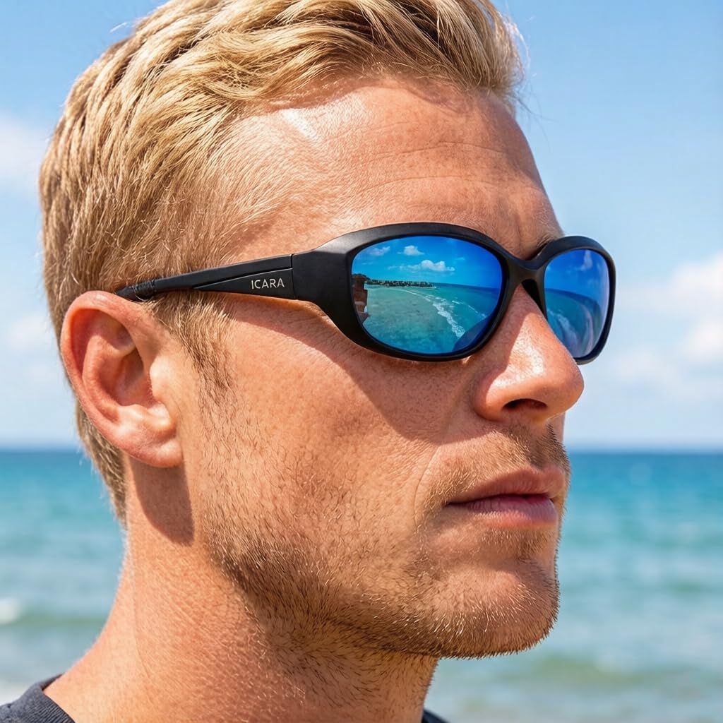 ICARA Polarized Sport Sunglasses for Men Women, UV400 Protection TR90 Frame, Ideal for Driving Cycling Fishing Running (Black Frame/Blue Lens)
