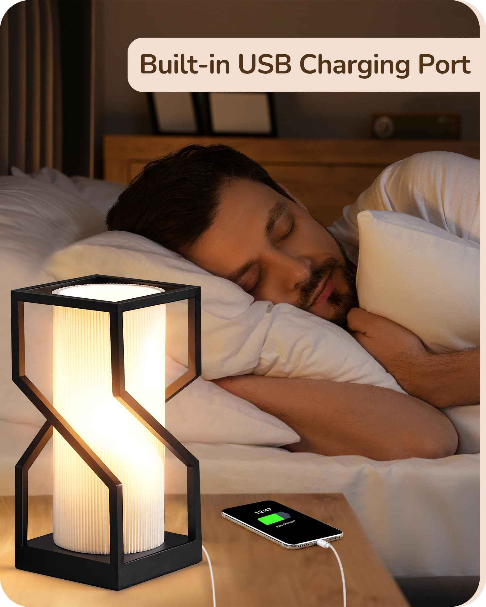 EDISHINE Modern Table Lamp, Bedside Lamp with Pleated TC Lampshade, USB-A Port, Overall Touch Control, Nightstand Lamp for Bedroom, Living Room, 9W 2700K 3-Stage Dimmable Bulb Included