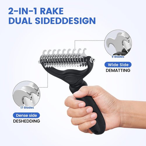 Double-Sided Pet Grooming Rake - 4-in-1 Professional Grooming Kit for Dogs & Cats | Extra-Wide Dematting Tool (4PCS, Black)