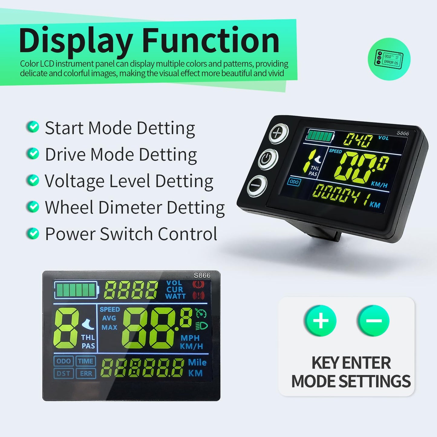 JOCHEN Ebike 36V/48V/52V 17A/26A/30A/40A Brushless Controller Mini Color LCD CS866 Display for Electric Bicycle Scooter Mountain Bike Parts (17A with CS866 Throttle)