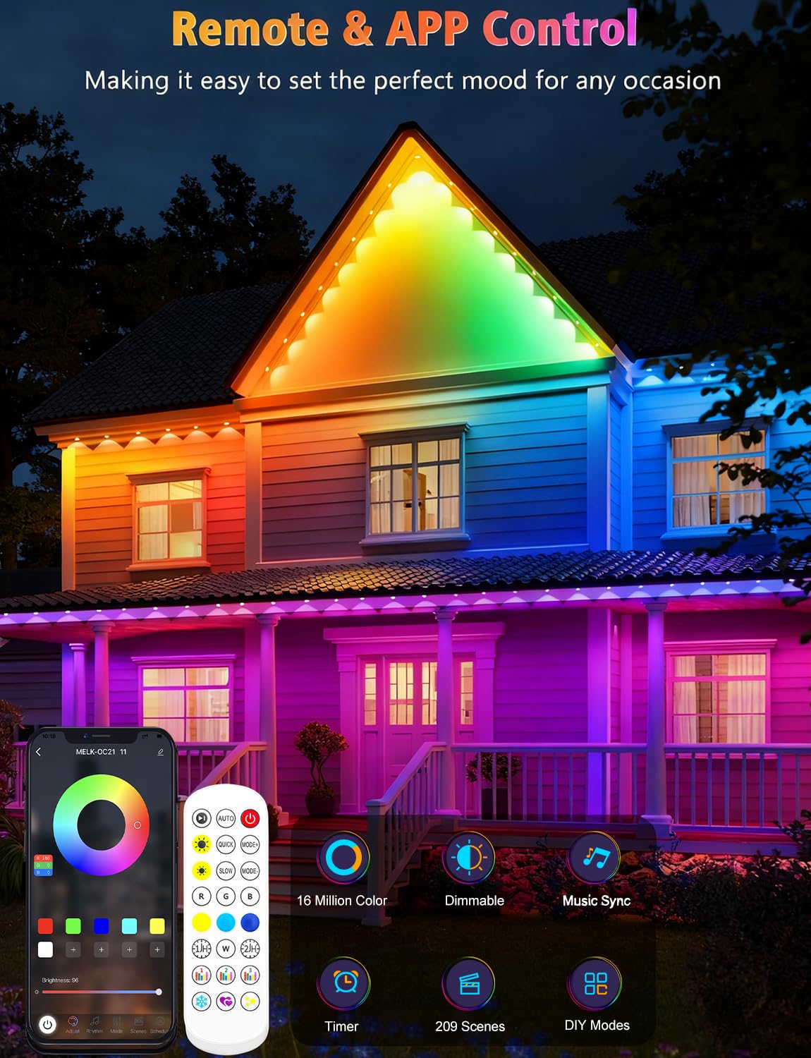 BSGlobal 200FT Permanent Outdoor Lights, 120 LED Smart RGB&IC Outdoor Eave Lights with App/Remote, 209 Scene Modes, IP67 Waterproof Outside Light for House Party Christmas Decor