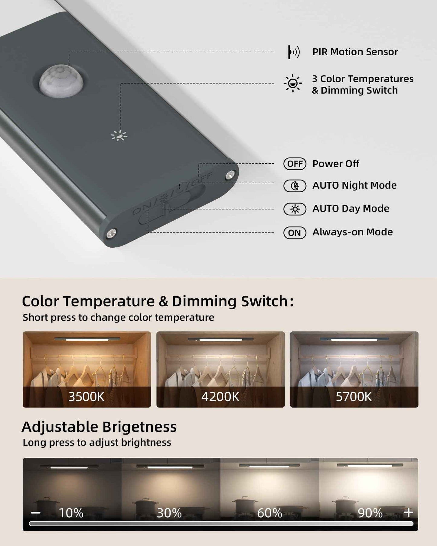 EZVALO Under Cabinet Lighting, 2200mAh Rechargeable Battery, 76 LEDs Dimmable Closet Lights, 3 Color Temps, Motion Sensor Light Indoor for Kitchen, Closet