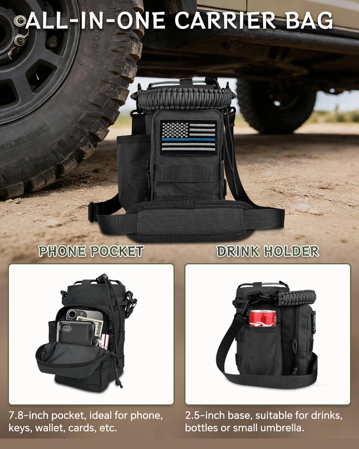 COOLYARD Water Bottle Holder with Strap Crossbody Sling Carrier Bag with Phone Pocket Molle Tactical Pouch for Walking Hiking Camping Gym Black