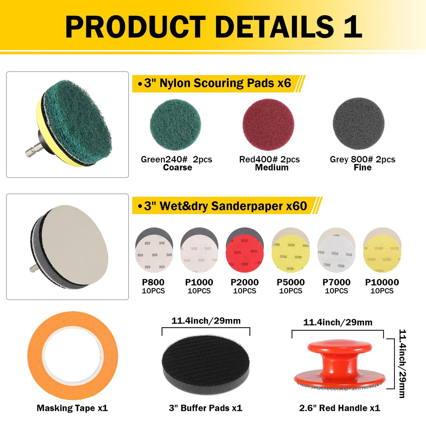 86PCS Car Headlight Polishing Kit, 3 Inch Drill Sanding Disc with 1/4 Inch Shank Backing Hook and Loop,Wet Dry Sanding Paper, Masking Tape, Buffing Sponge, Soft Interface, Woolen Buffer, Handle
