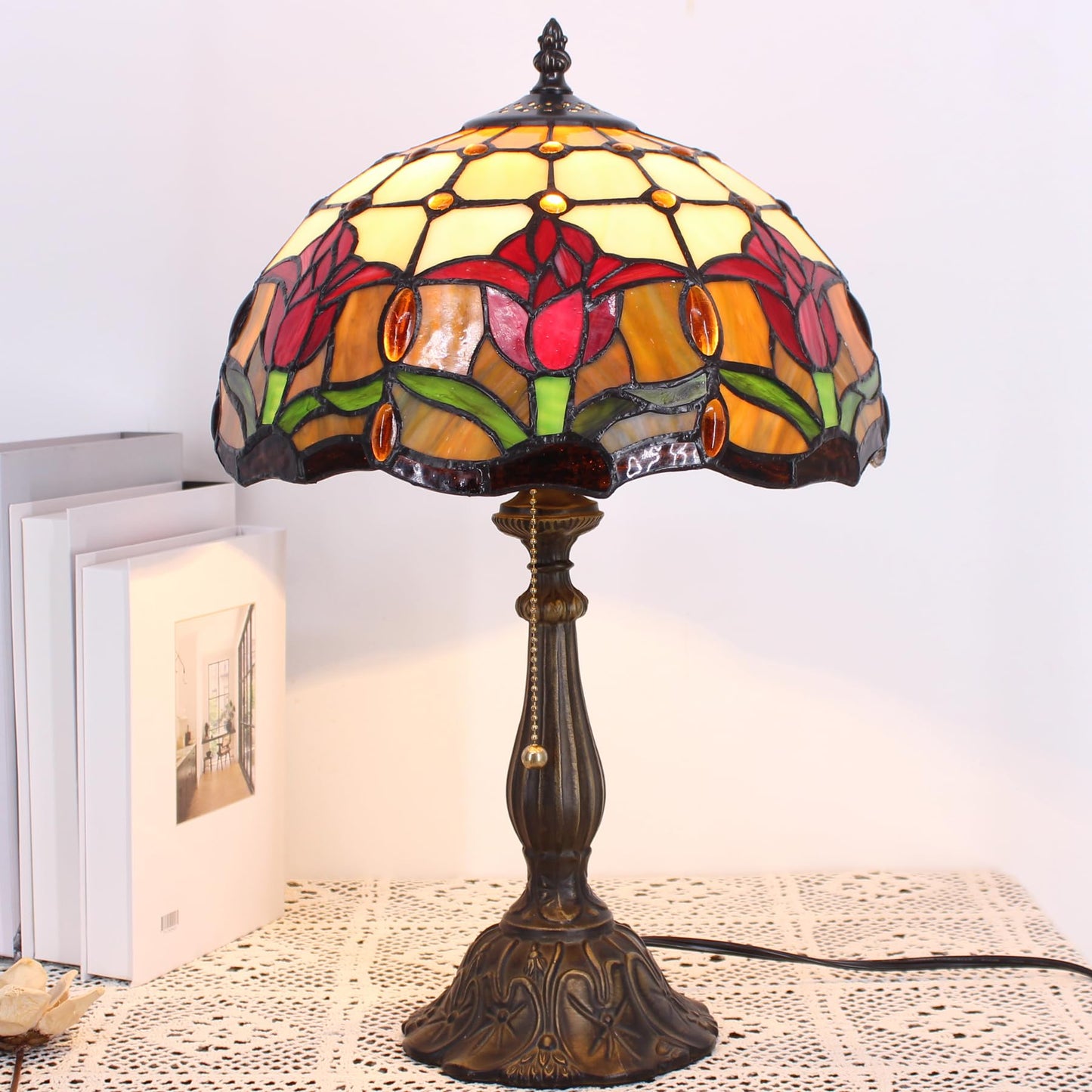 TCODTPOL Table Lamp Base Replacement Only, Wide 6 Height 18 Inch, Fit for 8, 10, 12 Inch Tiffany Style Stained Glass Lampshade, Dark Bronze Finish,Resin, Push Switch On Cord