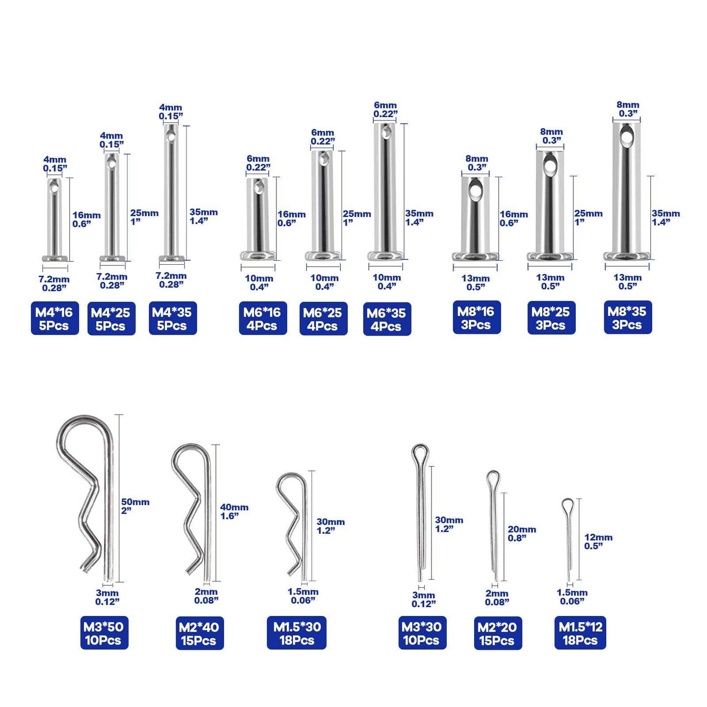Boatsea 122Pcs Cotter Pin Hair Pin Clevis Pin Assortment Kit,R Clips Retaining Hair Pins Assortment, Including Single Hole Clevis Pin&Split Cotter Pin&R Clip Hitch Pin for Trailer Latch, Zinc-Plated