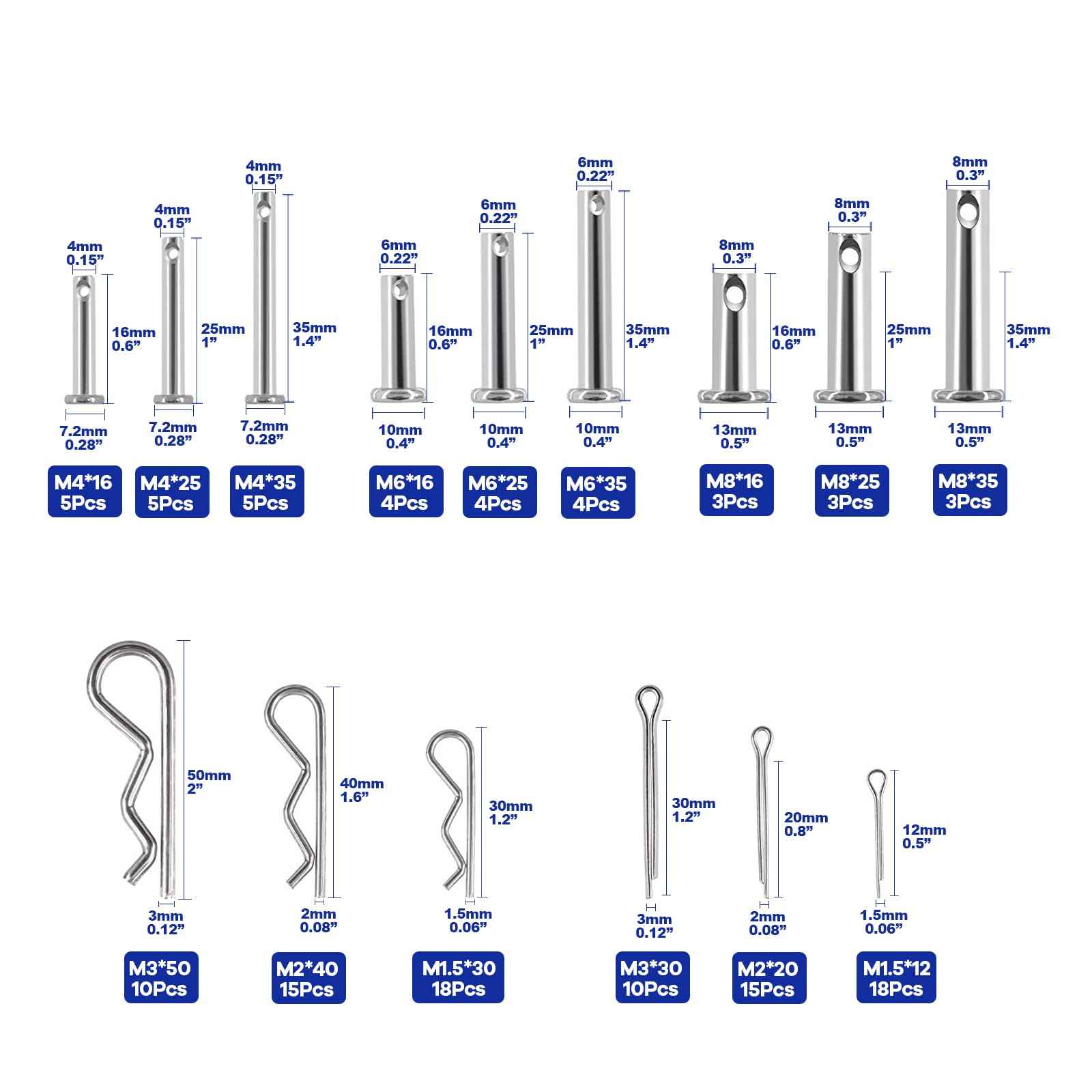 Boatsea 122Pcs Cotter Pin Hair Pin Clevis Pin Assortment Kit,R Clips Retaining Hair Pins Assortment, Including Single Hole Clevis Pin&Split Cotter Pin&R Clip Hitch Pin for Trailer Latch, Zinc-Plated