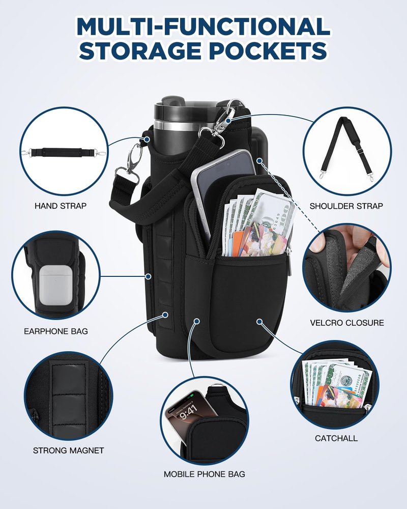 IPOW Magnetic Gym Bag Water Bottle Carrier Holder with Phone Pockets & Shoulder Strap for Men Women,Water Bottle Holder, Gym Pouch, Crossbody Bag for Travel, Sports, Work, Fitness - Black
