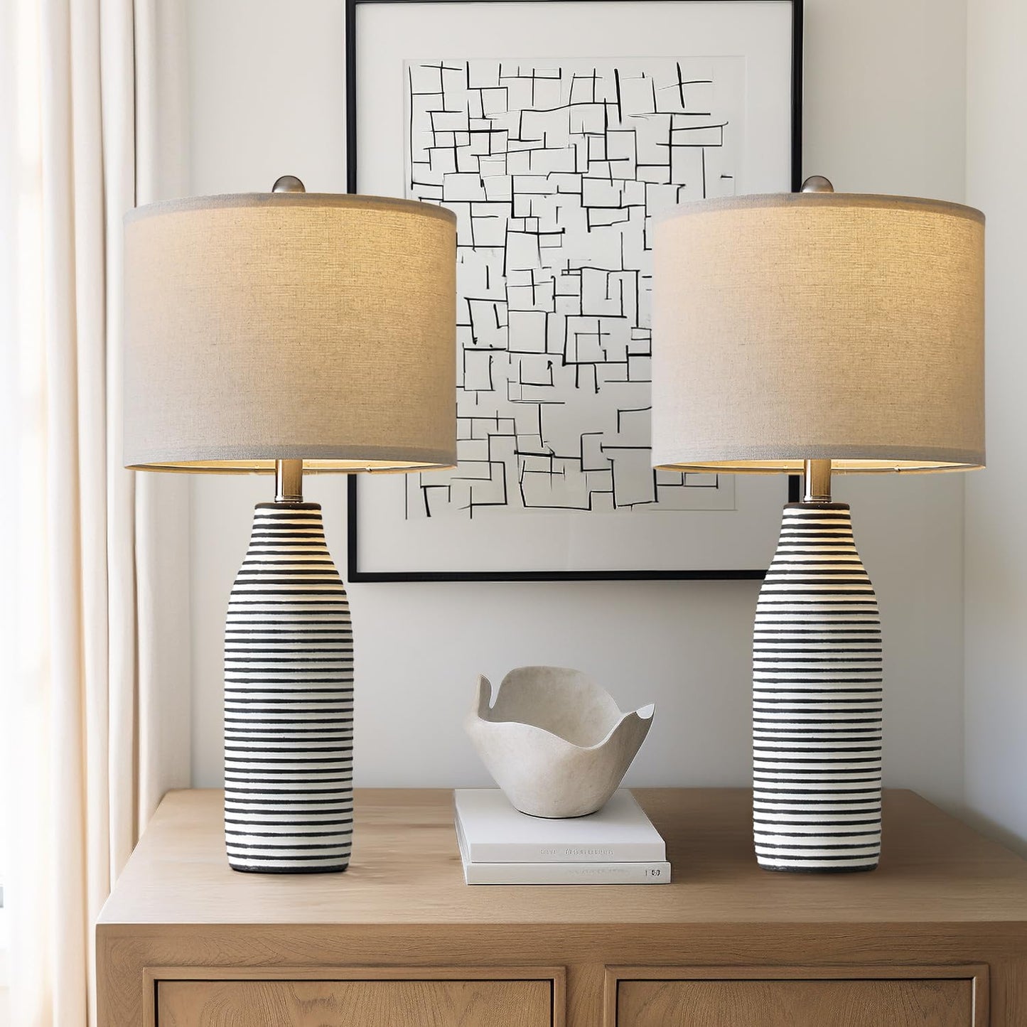 PORTRES 25" Ceramic Table Lamps Set of 2 Beside Lamps for Living Room Modern Bedroom Lamps for Night Stands with Rotary Switch Black and White Stripes