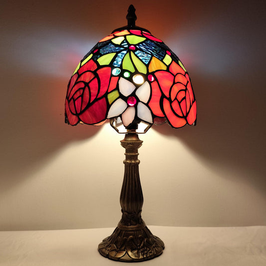 XPHMXP Small Tiffany Table Lamp 8 Inch Tiffany Style Desk Lamp Stained Glass Antique Light Decoration Bedroom Bedside Lamp Retro Reading Lamps (Red Roses Flowers Style)