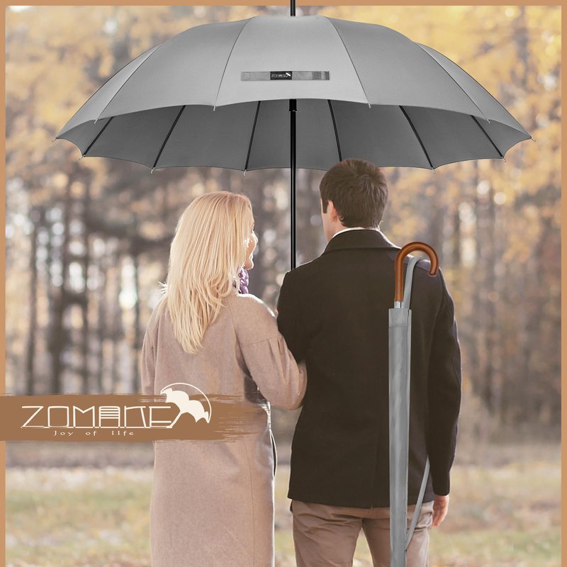 ZOMAKE Stick Umbrella Wood Handle,Cane Walking Classic Umbrellas for Men Women,12 Ribs Stick,55 Inch(Light Grey)