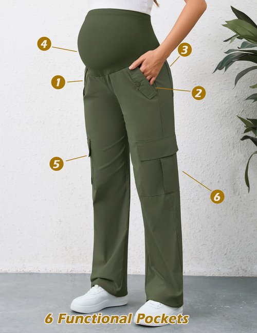 AMPOSH Women's Maternity Cargo Pants with 6 Pockets Quick-Dry Pregnancy Hiking Pants(Olive, L)