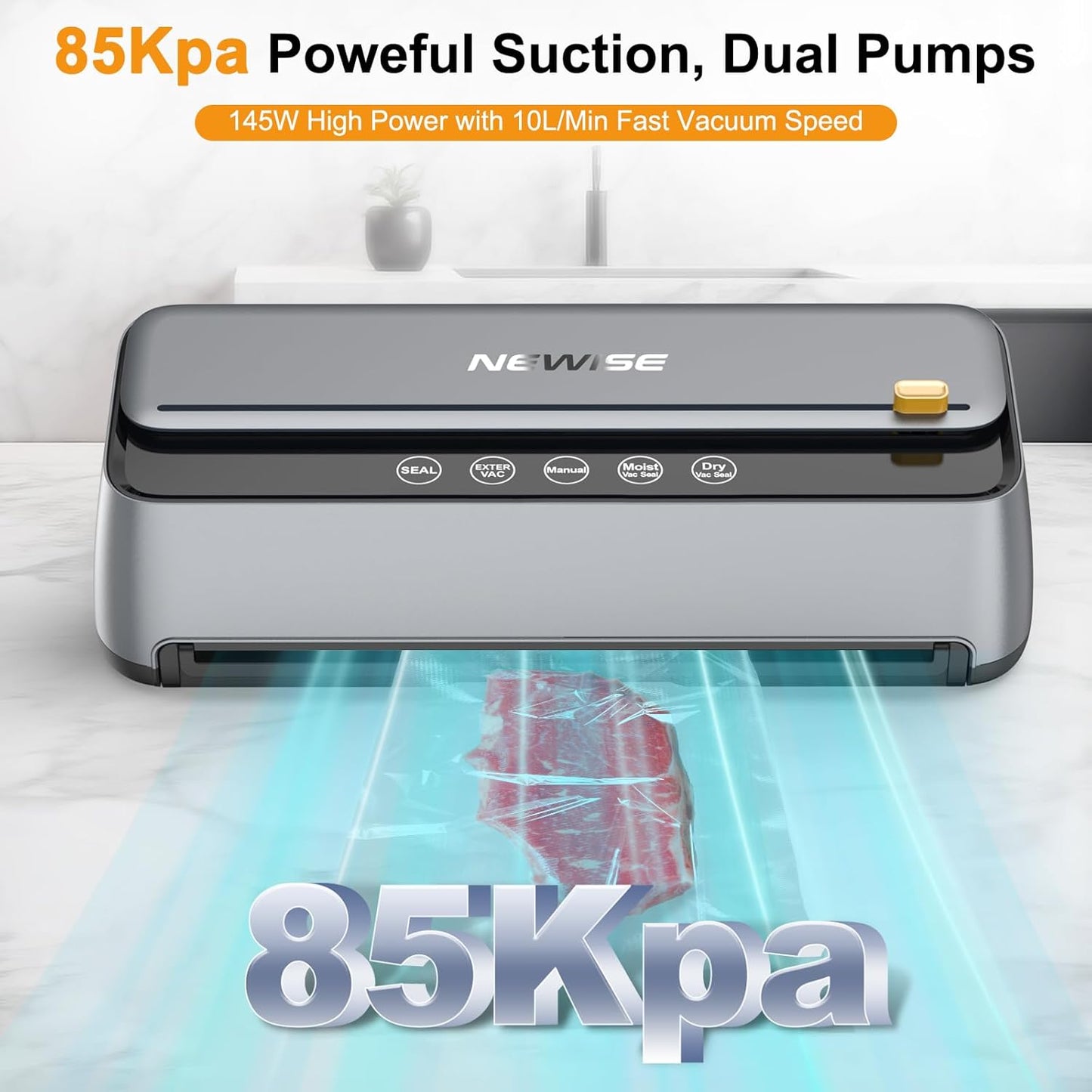 Newise Vacuum Sealer Machine - 85Kpa Powerful Food Preservation for Dry & Moist Items | Built-in Cutter & Self-Cleaning Mode