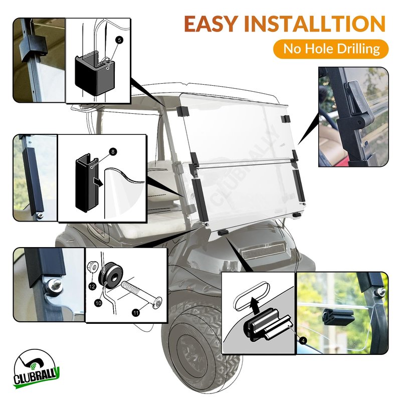 CLUBRALLY Golf Cart Windshield, Fold Down and Anti-UV Windshield Kit for 2004-Up Club Car Precedent/ Tempo/ Onward Golf Cart, 37.5"W X 31.9"H, Clear