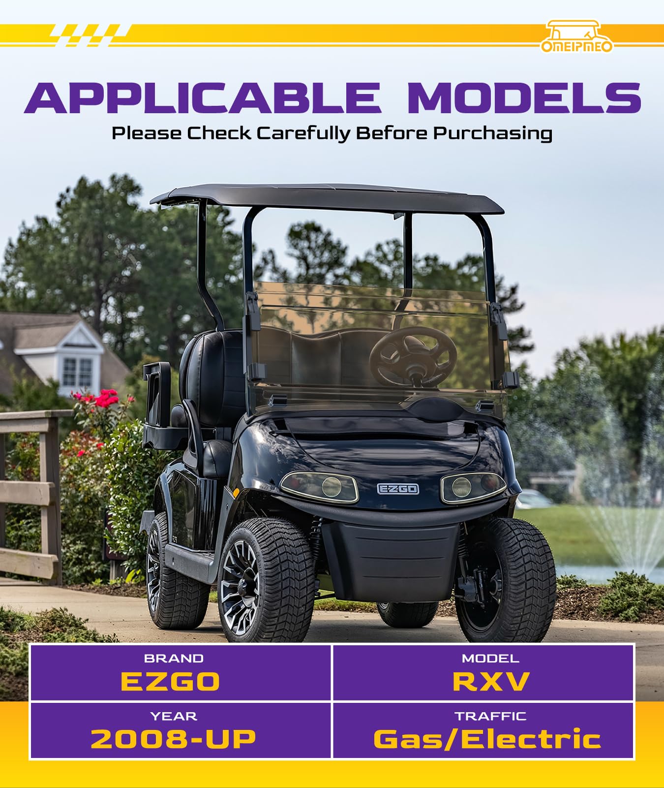 Upgrade Golf Cart Windshield Fits EZGO RXV/Freedom RXV 2008-UP Gas/Electric Models, Foldable EZGO RXV Windshield with Heavy Duty Hinge, Anti-UV&Impact Resistant, 5MM Thick PC Material (Tinted)