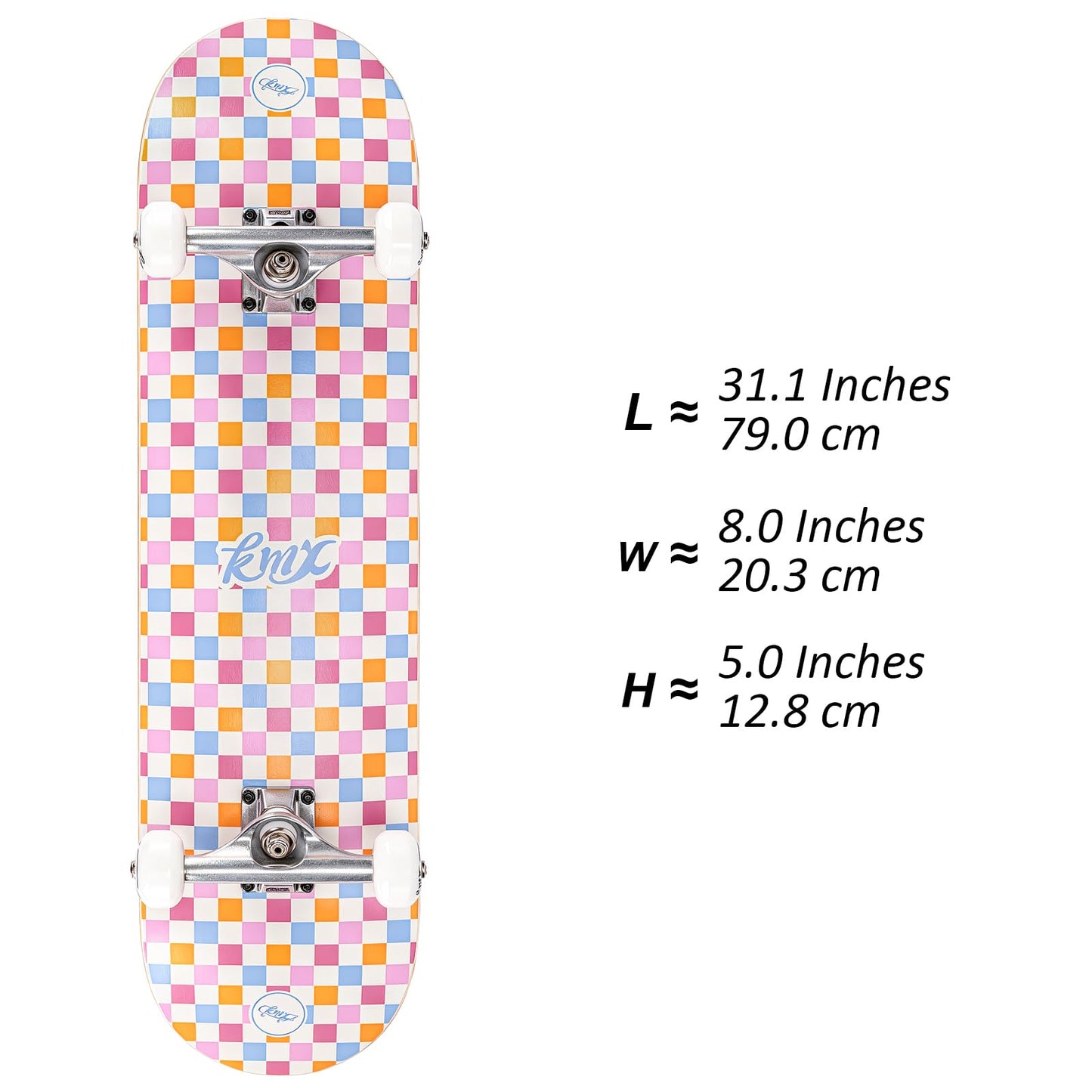 KMX Complete 31" x 8" Skateboard for Beginners, 7-Layer Canadian Maple Double Kick Concave Deck| Aluminum Alloy Trucks | 31 Inch Pro Skate Board for Girls, Kids, Teens, Adults(Pink Checker)