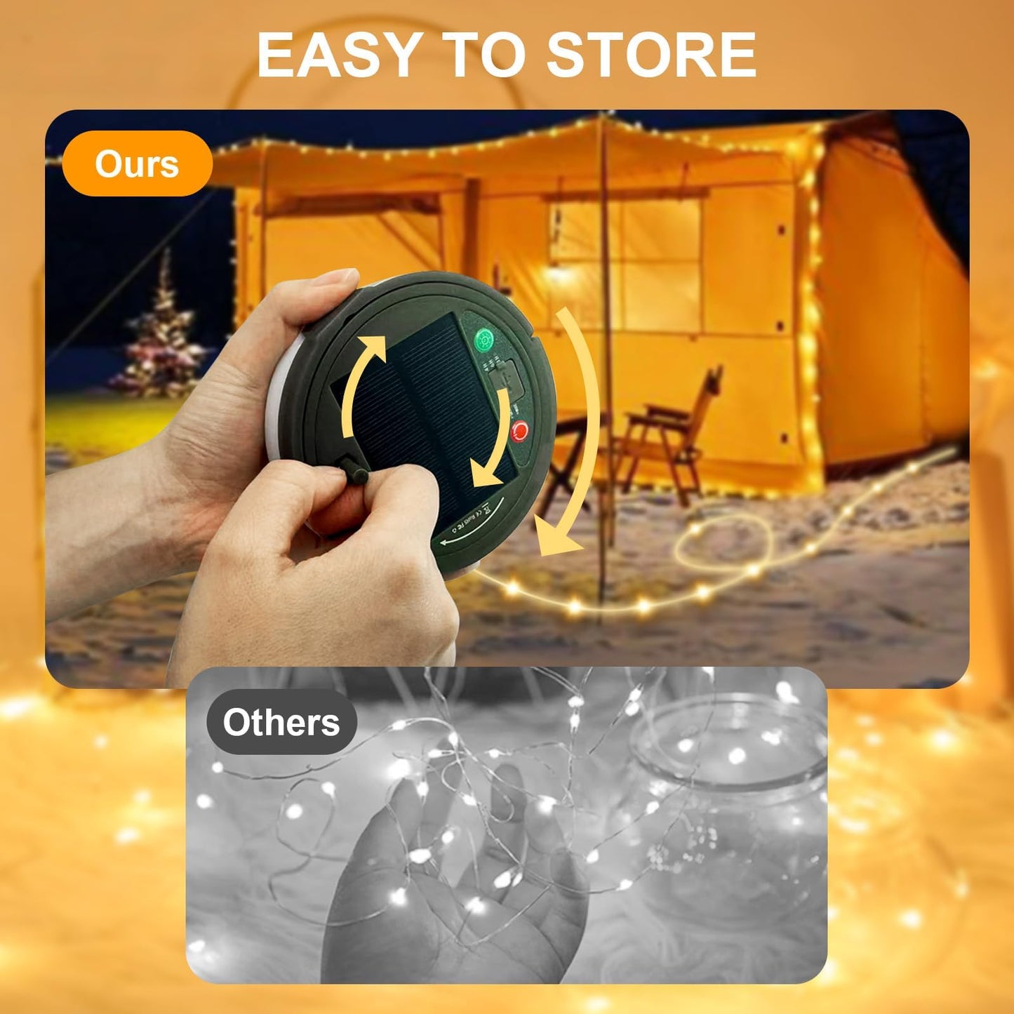 Solar Camping String Lights, Retractable Waterproof 33FT LED Camp Light with 8 Light Modes, Rechargeable 3000mAh Battery Powered Fairy Lights with Remote for Outdoor, Tent, RV, Patio, Awning, Party