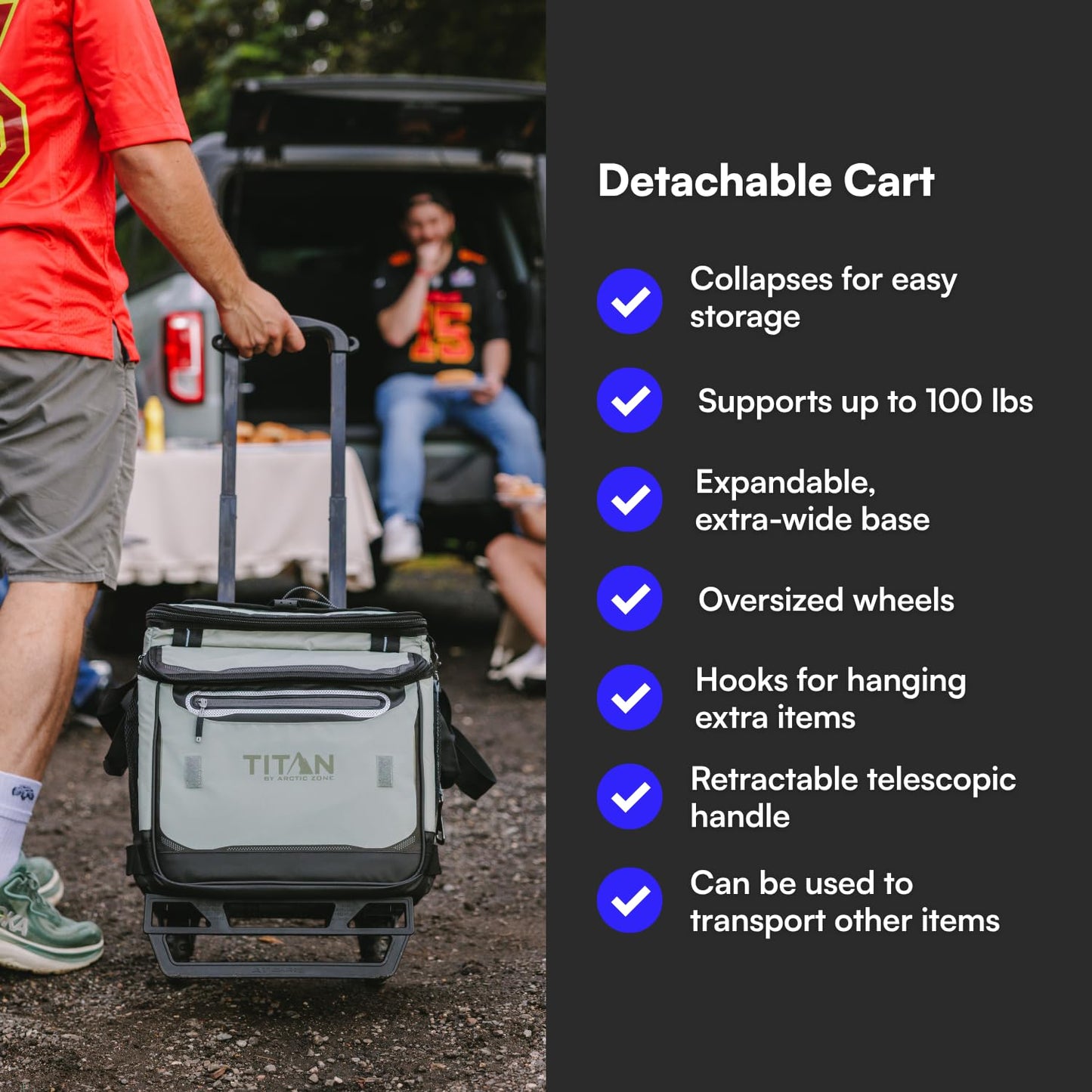 Titan by Arctic Zone Collapsible Wheeled Soft Sided Cooler with Detachable Rolling AT Cart, Insulated Bag with Leak Proof Lining, for Travel, Beach, Picnic, 60 Can Capacity, Seagrass