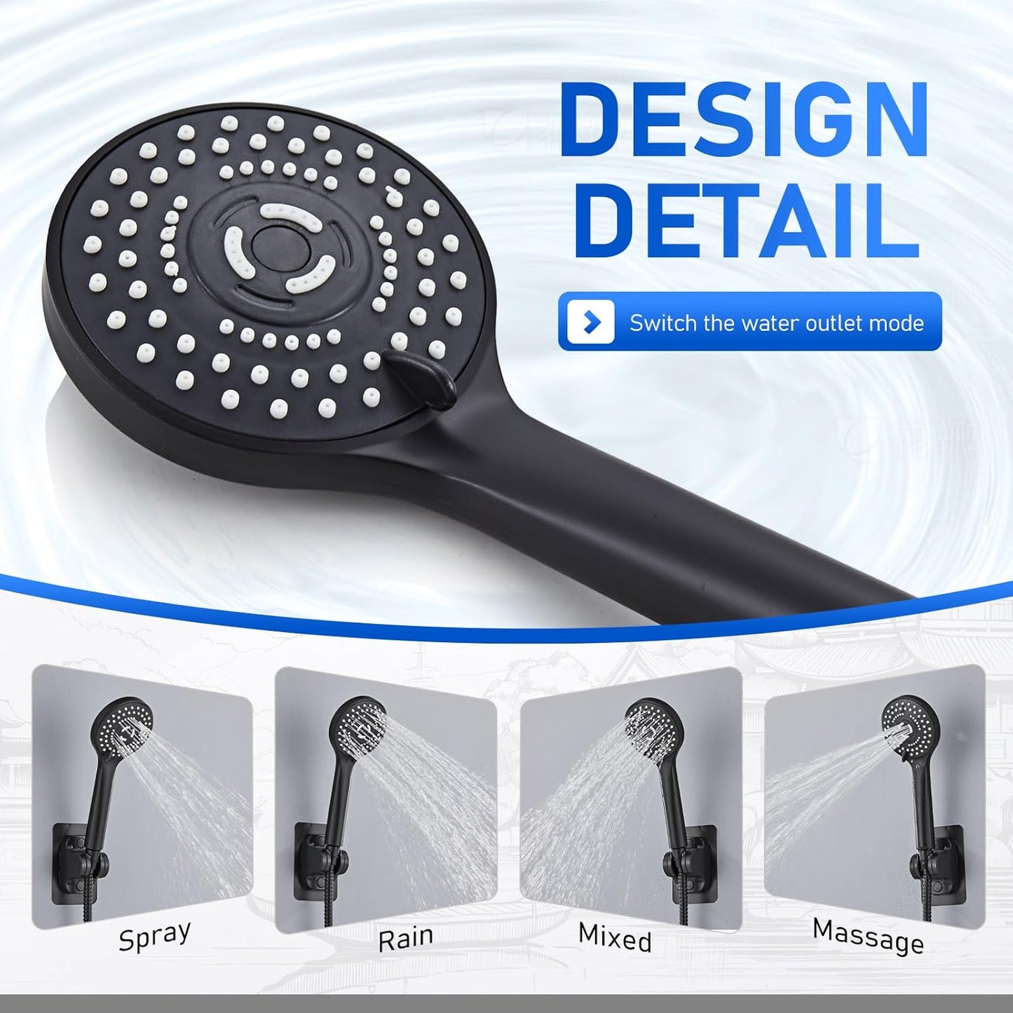 High Pressure 5-Mode Wide Rain Shower Head Combo with Handheld & Extension Arm - Black