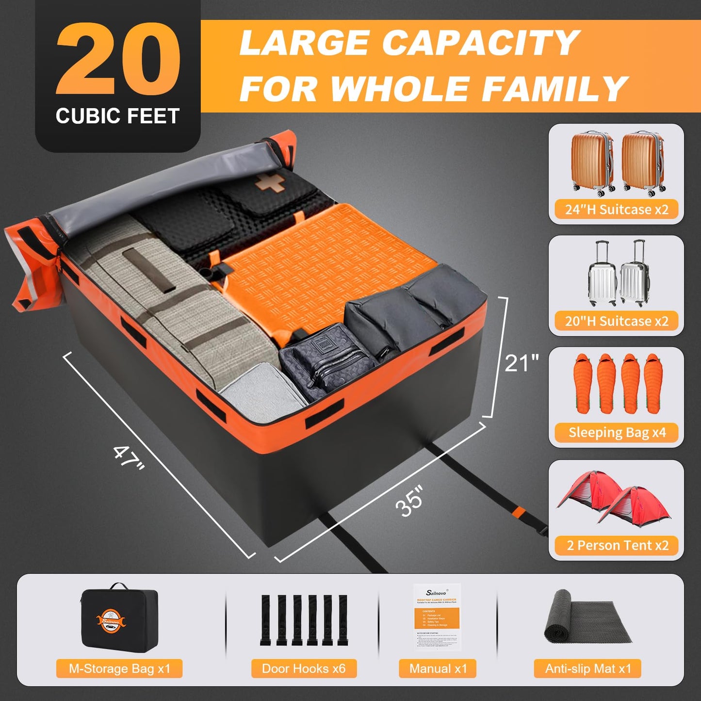 Sailnovo Rooftop Cargo Carrier Bag 20 Cubic, 1000D PVC Waterproof Vehicle Soft-Shell Carrier for Cars with/Without Roof Rack, Car Roof Storage Includes Anti-Slip Mat,10 Reinforced Straps, 6 Door Hooks