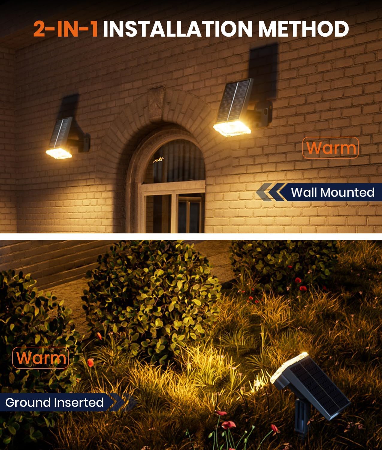 Adjustable Solar Spot Lights Outdoor - 3 Color Modes, IP67 Waterproof, 2-in-1 Wall & Pathway Lighting for Garden, Yard, Patio & Landscape