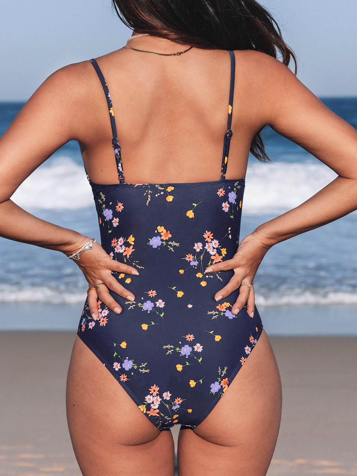 CUPSHE Women One Piece Swimsuit Deep V Neck Tummy Control Low Back XL Navy Floral