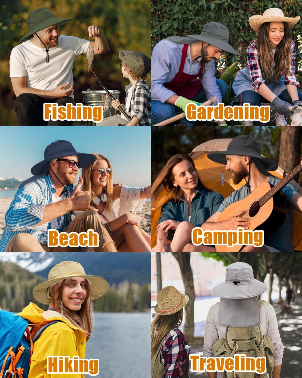 Outdoor Sun Hats with Stowable Neck Flap for Men Women UPF 50+ Mesh Summer Bucket Hat Wide Brim for Fishing Safari Hiking Black