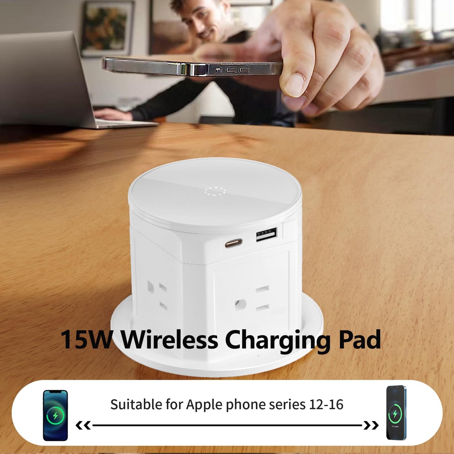 Pop Up Countertop Outlet with 15W Wireless Charger,Pop up Outlet,Max 20W USB Power Delivery,3.9" Space Saver Recessed Outlet,Pop Up Electrical Outlet with 4 Outlets 15A, 2 USB Ports for Home Office.