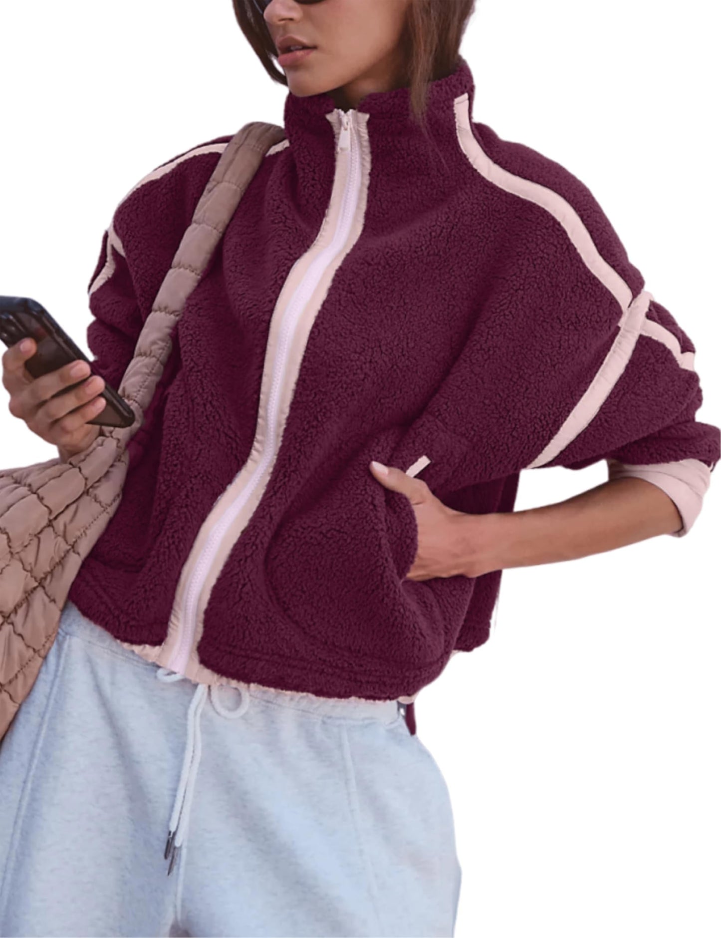 Ziqoty Women Fleece Jacket Zip Up Fuzzy Sherpa Jackets Long Sleeve Winter Outerwear Casual Daily Chilly Outings with Pockets(WineRed-S)
