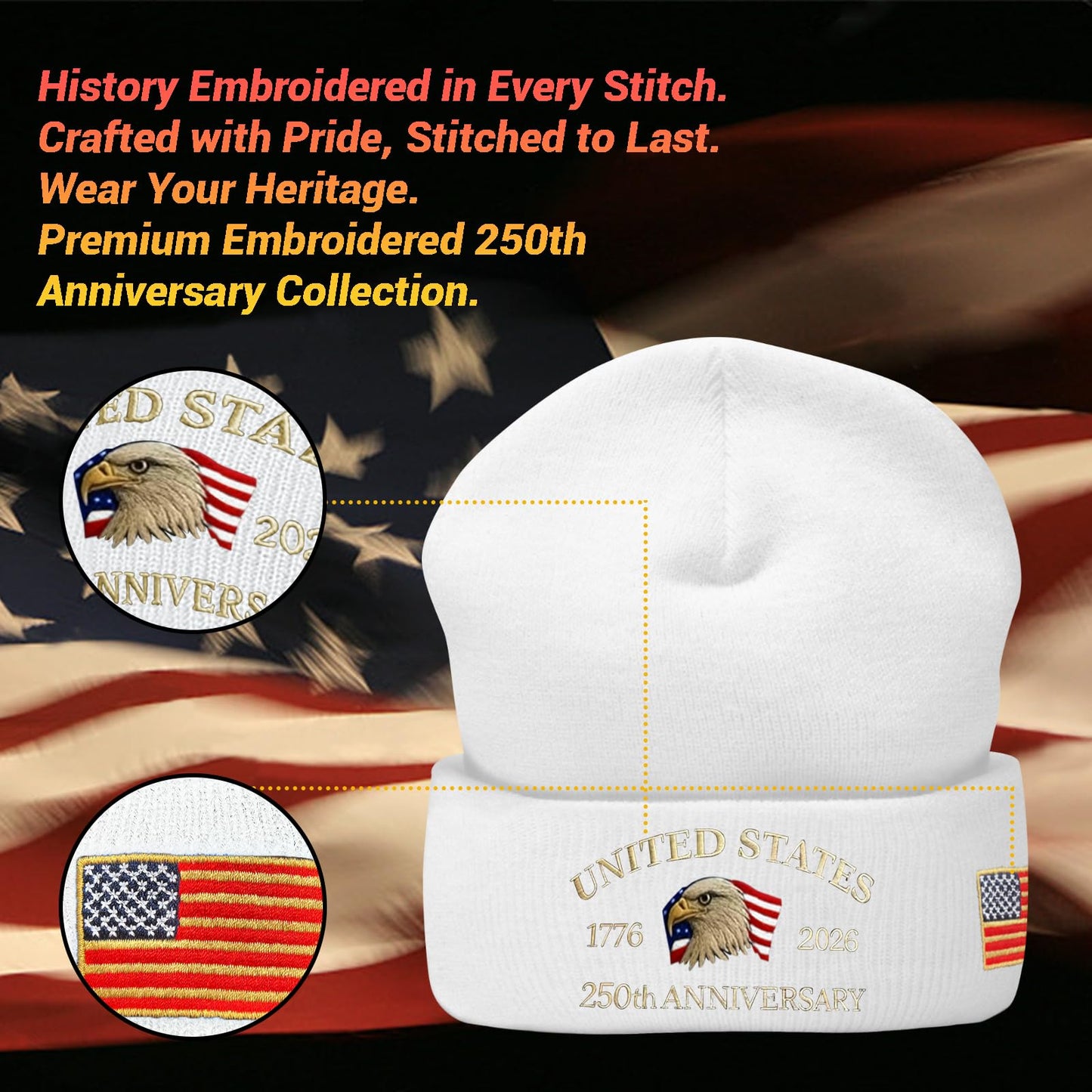 250th Anniversary USA Knit Hat Warm Cozy Embroidery Beanie for Women Men, 250 Year American Anniversary Merchandise White