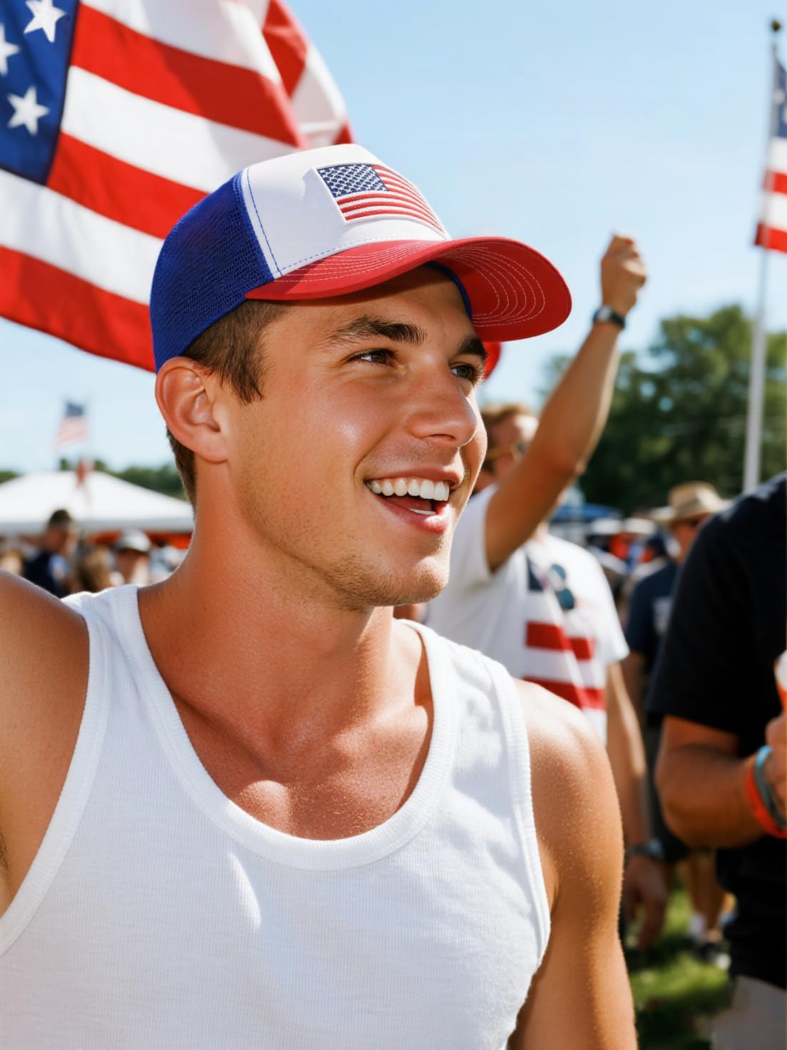 Wodeal American Flag Trucker Hat, 4th of July Hats, Adjustable Snapback Mesh USA Flag Baseball Cap, for Men Women Red