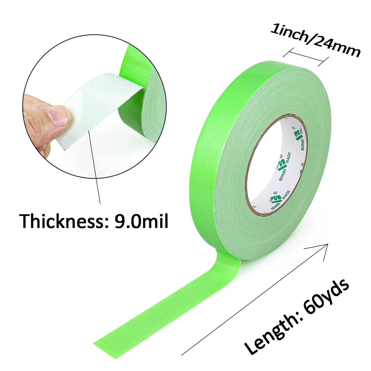 BOMEI PACK Green Duct Tape 1inch, Heavy Duty Strong Waterproof Industrial Color Duct Tape 9.0mil x 60yds for Packing and Repairing