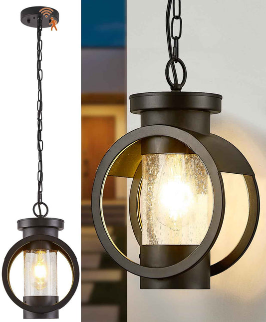 Motion Sensor Outdoor Pendant Light Fixture, Farmhouse Exterior Hanging Lamp with Adjustable Chain, Anti-Rust Aluminum Outdoor Chandelier, Large Exterior Ceiling Mount Hanging Light for Entryway,Porch