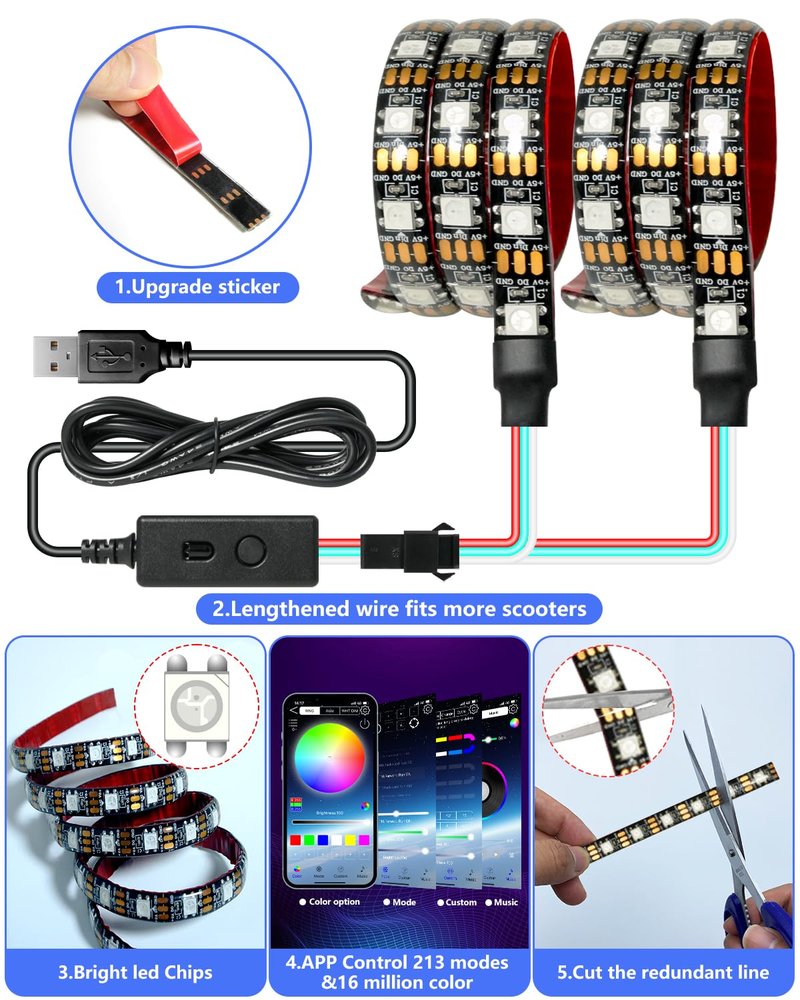 Keiurot Scooter LED Light Strips for Night Riding 5V High Bright Skateboard Lights APP Control RGBIC Waterproof Electric Scooter Accessories 2 in 1