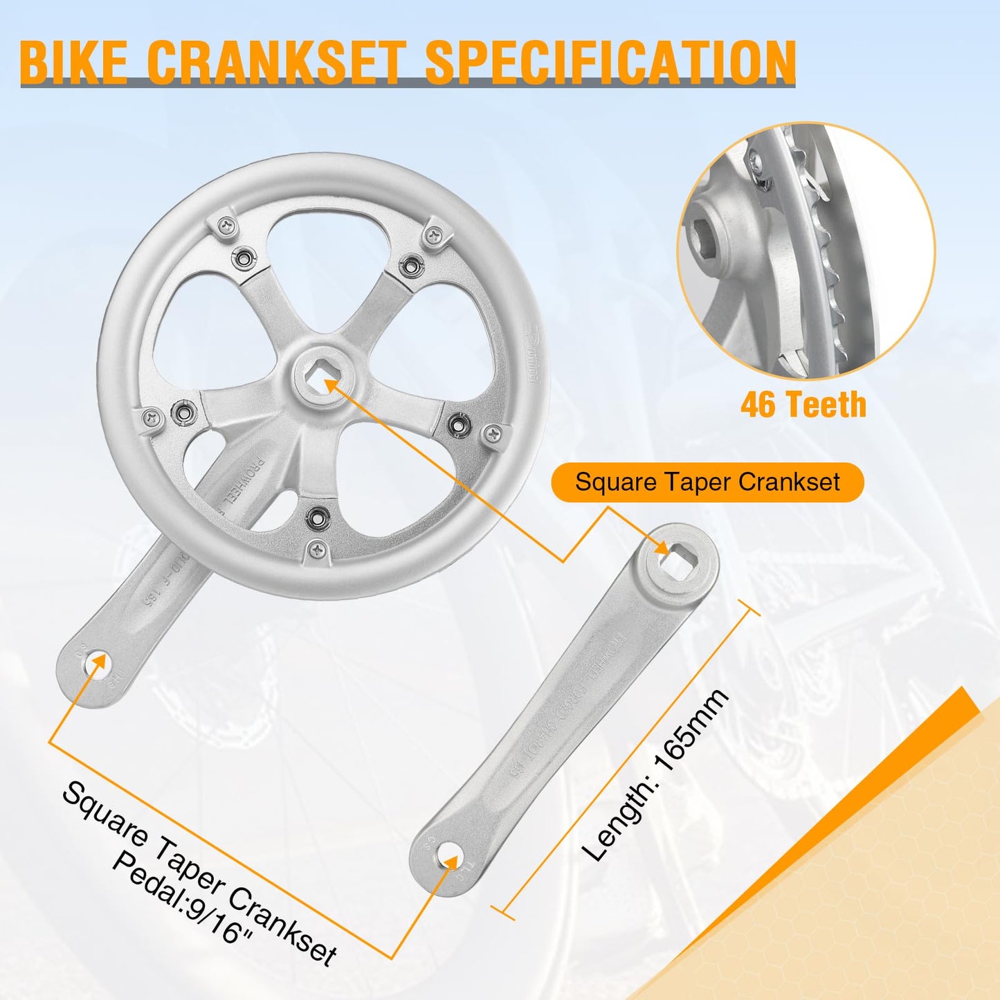 MEGHNA Bicycle Crankset 46 Teeth for 6-10 Speed Gears Lightweight Aluminum Alloy 165mm Crank Arm Dual Chain Guards for Mountain Bike Folding Bike E-Bike Cruiser Bike Square Taper Silver