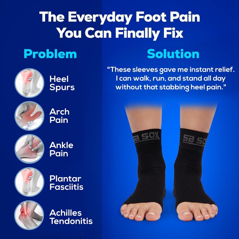 SB SOX Plantar Fasciitis Compression Socks – Arch Support Sleeve for Heel Pain Relief, Achilles Tendonitis & Foot Pain – Toeless Ankle Compression, All-Day Comfort (Solid Black, Medium)