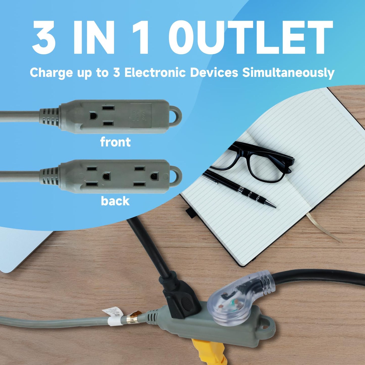 GREATIDE 15 Ft Flat Plug Extension Cord，16/3 SJT Indoor Low Profile 3 Outlets Extension Cable with 45° Angled Flat Plug, Multiple Outlets Extension Cord, Grey