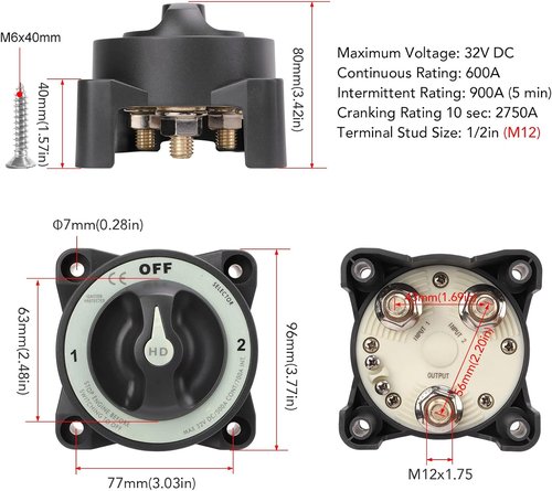 Blue Sea 600A Battery Switch - Marine Power Selector Switch for Boats & RVs | 32V Single Circuit On/Off